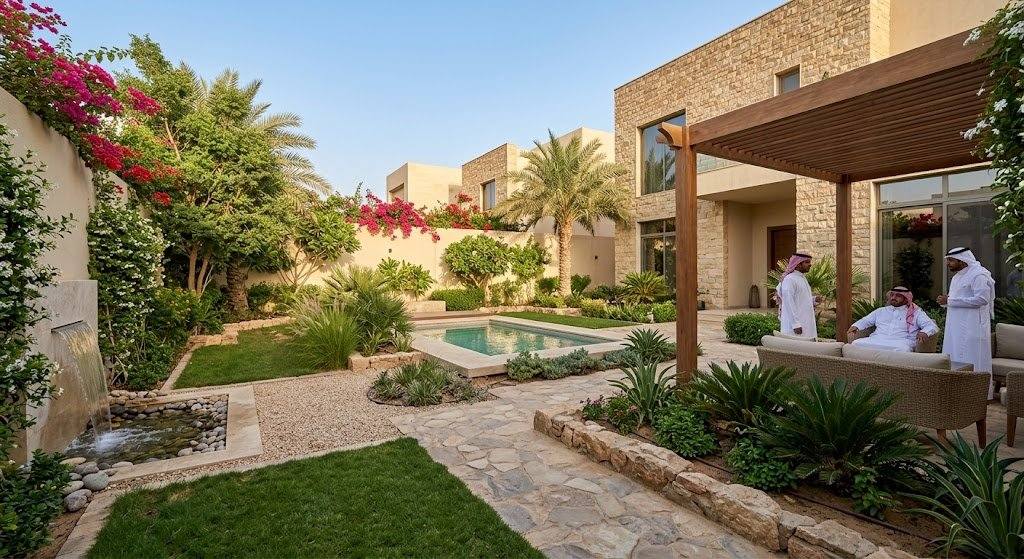 فريق عمل محترف يقوم بأعمال تصميم وتنسيق الحدائق بدقة وإبداع باستخدام أحدث المعدات والنباتات المتنوعة ضمن خدمات تنسيق حدائق الري بالكويت لضمان مظهر جمالي خلاب وراحة العملاء.