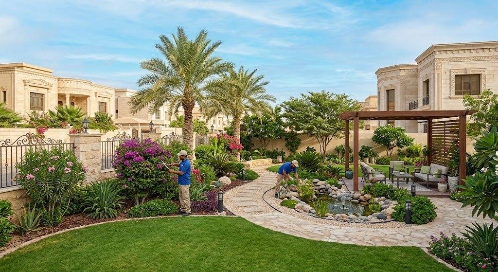 فريق عمل محترف يقوم بأعمال تصميم وتنسيق الحدائق وزراعة النباتات بدقة وأمان باستخدام أحدث المعدات والأدوات الزراعية ضمن خدمات تنسيق حدائق الشهداء بالكويت لضمان مساحات خضراء راقية وراحة العملاء.
