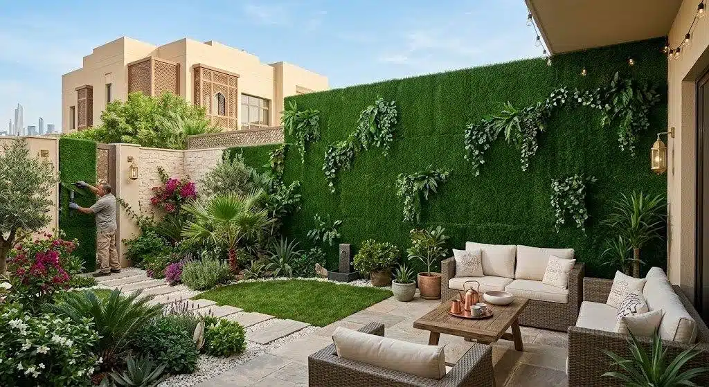 تنسيق حدائق الكويت — حديقة منزلية بعد التنفيذ مع ثيل وشلال ومظلة