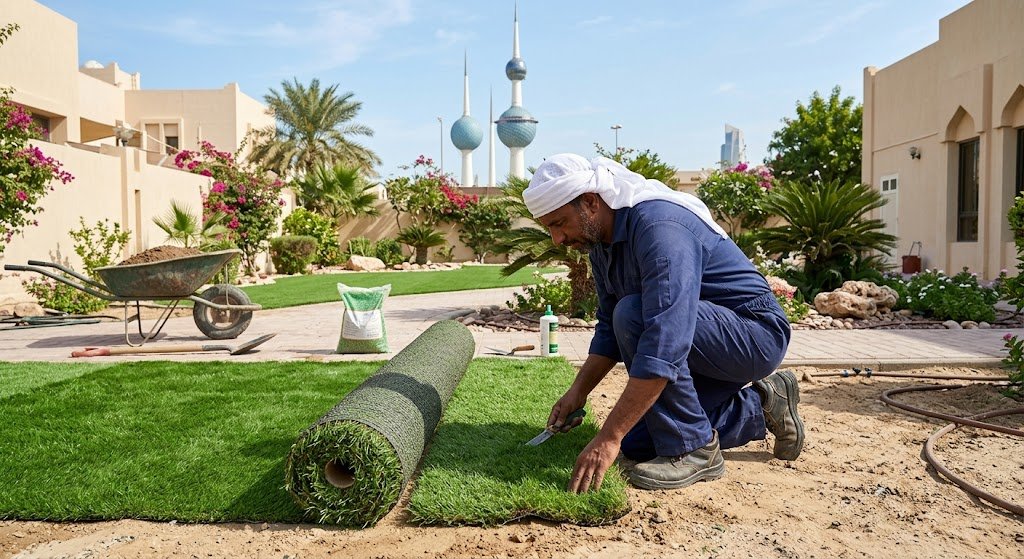 فني و معلم تركيب عشب صناعي وطبيعي بالكويت متخصص في توريد وفرش الثيل الصناعي والطبيعي للحدائق بدولة الكويت