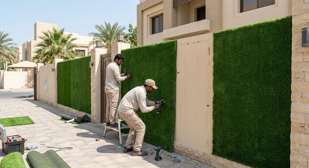 توفير وتثبيت العشب الجداري والثيل الصناعي الذي يتحمل درجات الحرارة العالية