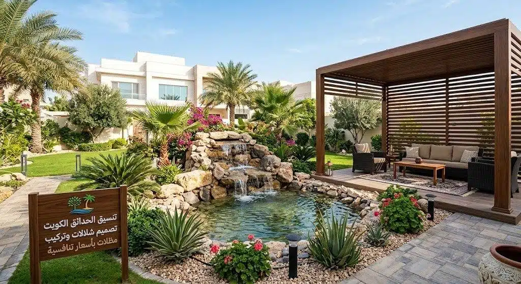 تصميم شلالات الكويت — شلال جداري بإضاءة داخل حديقة منزلية